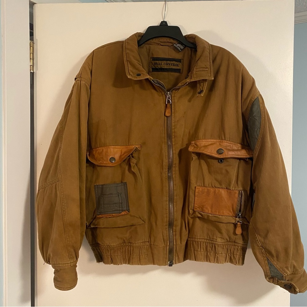 VTG Bomber Jacket Coat Dual Control Brown Leather Cotton L 80s Cargo Chore